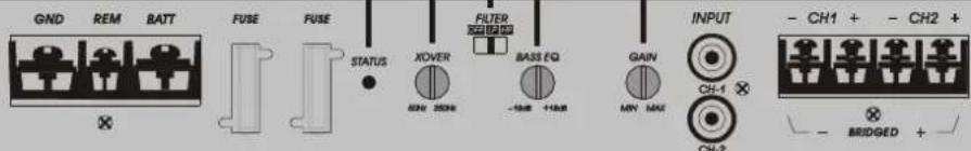 GND REM BATT FUSE FUSE STATUS XOVER FILTER NETTER REN REDB -10mm +10mm GASS EQ MIN MAX INPUT CH-1 CH-2 - CH1 + - CH2 + - BRIDGED +