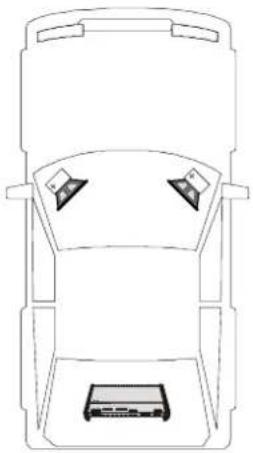 Top-down line drawing of a car interior with front, rear, and side views (no text or symbols)