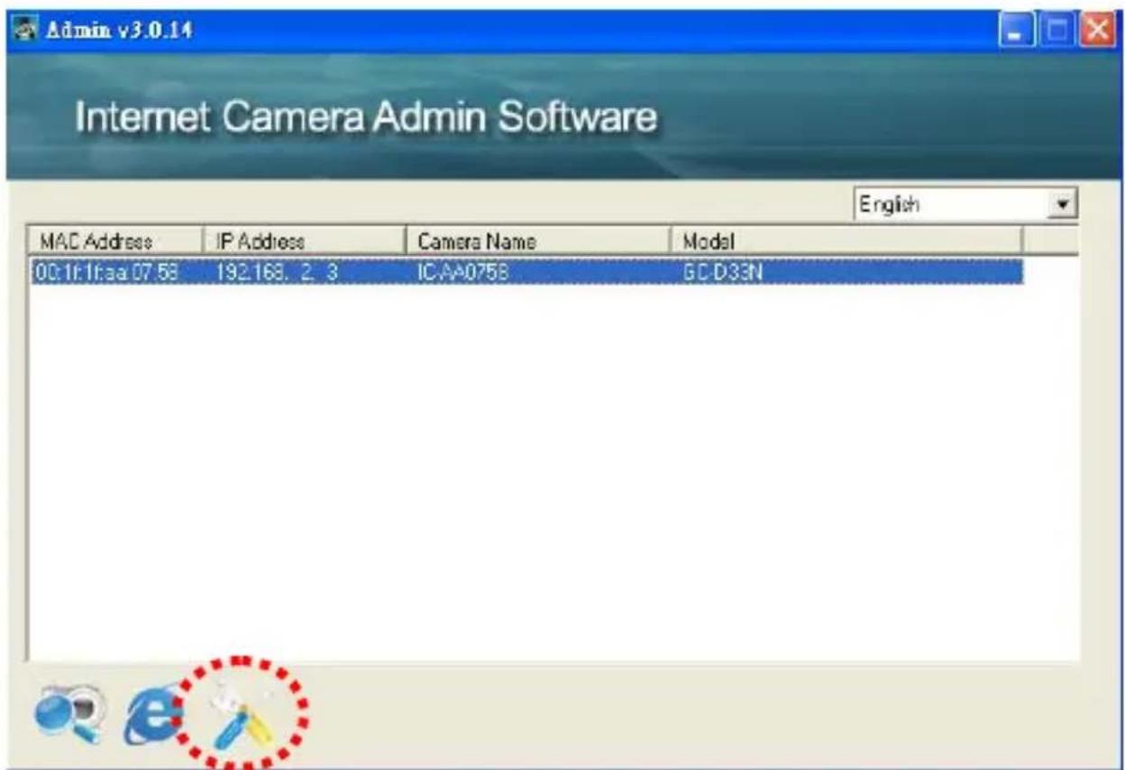 Admin v3.0.14 Internet Camera Admin Software English MAC Address IP Address Camera Name Model 00:16:1baa 07.58 192.168. 2. 3 ICA A0758 GCD33N