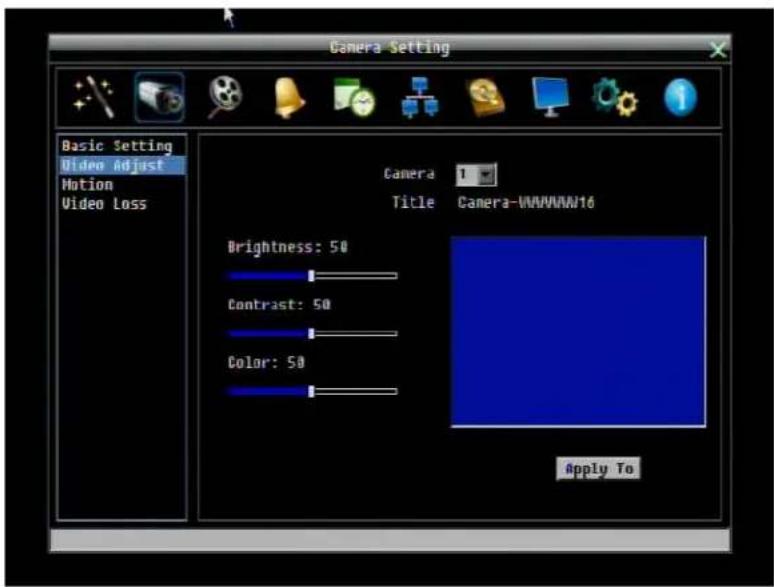 Camera Setting Basic Setting Video Adjust Motion Video Loss Camera 1 Title Camera-VMWWW16 Brightness: 50 Contrast: 50 Color: 50 Apply To