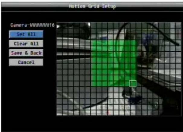 Motion Grid Setup Camera-VWVWVW16 Set All Clear All Save & Back Cancel