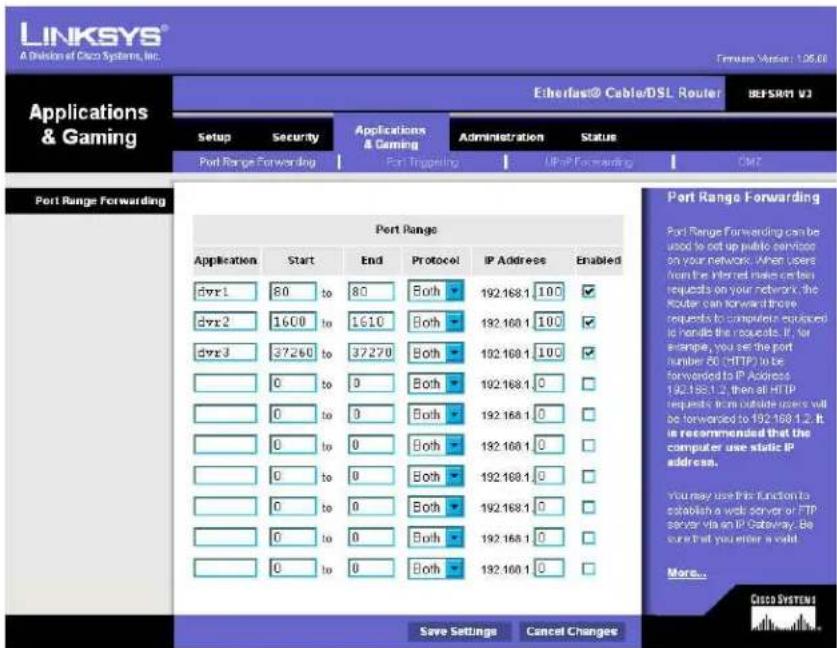 LINKSYS® A Division of Cisco Systems, Inc. Firmware Vision: 126.00 Applications & Gaming Etherfast@ Cable/DSL Router REFSRM V3 Setup Security Applications & Gaming Administration Status Port Range Forwarding Port Trapping UPnP Forwarding CMZ Port Range Forwarding Port Range Application Start End Protocol IP Address Enabled dvr1 80 to 80 Both 192.168.1 100 ✓ dvr2 1600 to 1610 Both 192.168.1 100 ✓ dvr3 37260 to 37270 Both 192.168.1 100 ✓ 0 to 0 Both 192.168.1 0 □ 0 to 0 Both 192.168.1 0 □ 0 to 0 Both 192.168.1 0 □ 0 to 0 Both 192.168.1 0 □ 0 to 0 Both 192.168.1 0 □ 0 to 0 Both 192.168.1 0 ▢ 0 to 0 Both 192.168.1 0 □ Save Settings Cancel Changes Port Range Forwarding Port Range Forwarding can be used to set up public services on your network. When users from the Internet make certain requests on your network, the Router can forward these requests to compute equipped is handle the requests. It, for example, you see the port number 80 (HTTP) to be forwarded to IP Address 192.168.1.2, then at HTTP requests from outside users will be forwarded to 192.168.1.2. It is recommended that the computer use static IP address. You may use this function to establish a web server or FTP server via an IP Gateway. Be sure that you enter a valid More... Cisco SYSTEMs