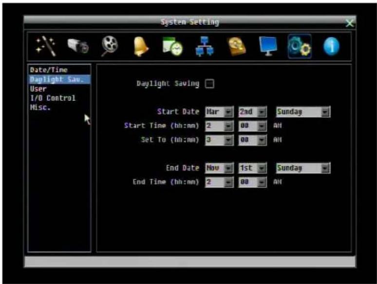 System Setting Date/Time Daylight Saw. User I/O Control Misc. Daylight Saving Start Date Mar 2nd Sunday Start Time (hh:mm) 2 00 AM Set To (hh:mm) 3 00 AM End Date Nov 1st Sunday End Time (hh:mm) 2 00 AM