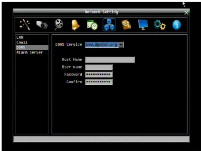 Network Setting LAN Email DOHS Alarm Server DDMS Service www.dyndns.org Host Name User name Password ********* Confirm *********