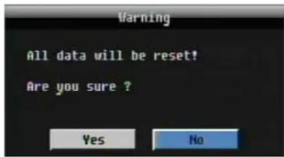 Warning All data will be reset! Are you sure ? Yes No
