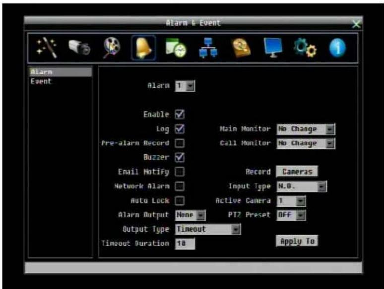 Alarm & Event Alarm Event Alarm 1 Enable ✓ Log ✓ Main Monitor No Change Pre-alarm Record □ Call Monitor No Change Buzzer ✓ Email Notify □ Record Cameras Network Alarm □ Input Type N.O. Auto Lock □ Active Camera 1 Alarm Output None PTZ Preset OFF Output Type Timeout Timeout Duration 18 Apply To