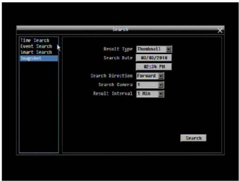 Time Search Event Search Smart Search Snapshot Result Type Thumbnail Search Date 03/03/2010 02:34 PM Search Direction Forward Search Camera 1 Result Interval 1 Min Search