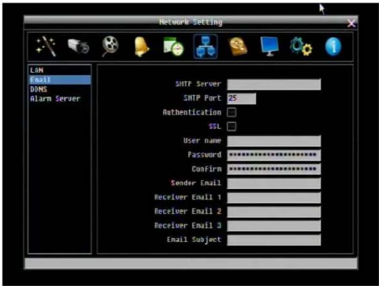 Network Setting LAN Email DDNS Alarm Server SMTP Server SMTP Port 25 Authentication SSL User name Password ********** Confirm ********** Sender Email Receiver Email 1 Receiver Email 2 Receiver Email 3 Email Subject