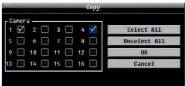 Copy Camera 1 ✓ 2 □ 3 □ 4 ✓ 5 □ 6 □ 7 □ 8 □ 9 □ 10 □ 11 □ 12 □ 13 □ 14 □ 15 □ 16 □ Select All Unselect All OK Cancel