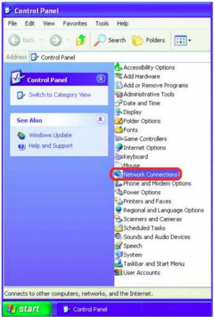 Control Panel File Edit View Favorites Tools Help Back Search Folders Address Control Panel Control Panel Switch to Category View See Also Windows Update Help and Support Accessibility Options Add Hardware Add or Remove Programs Administrative Tools Date and Time Display Folder Options Fonts Game Controllers Internet Options Keyboard Mouse Network Connections! Phone and Modem Options Power Options Printers and Faxes Regional and Language Options Scanners and Cameras Scheduled Tasks Sounds and Audio Devices Speech System Taskbar and Start Menu User Accounts Connects to other computers, networks, and the Internet. start Control Panel