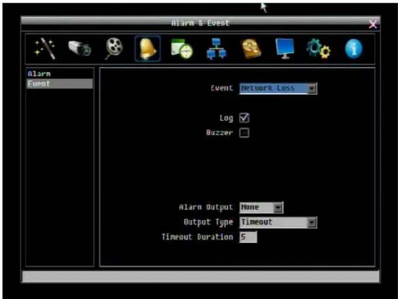 Alarm & Event Alarm Event Event: Network Loss Log ✓ Buzzer Alarm Output None Output Type Timeout Timeout Duration 5