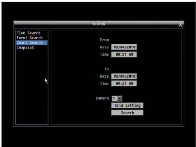 Time Search Event Search Smart Search Snapshot From Date 03/04/2010 Time 08:31 AM To Date 03/04/2010 Time 09:31 AM Camera 1 Grid Setting Search