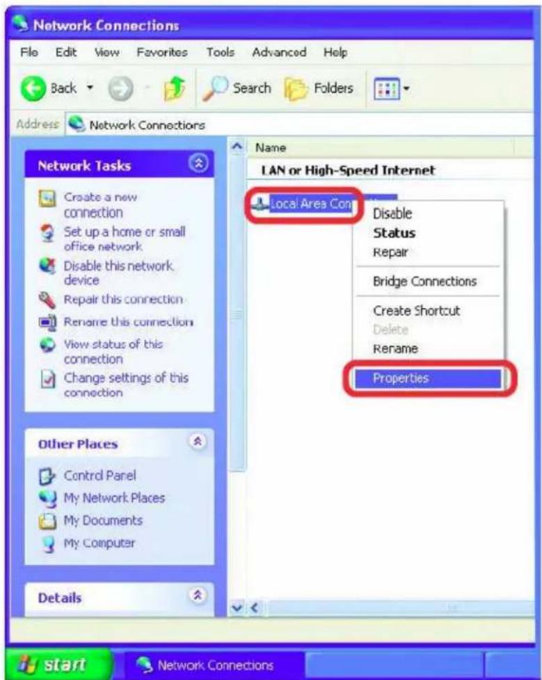 Network Connections File Edit View Favorites Tools Advanced Help Back Search Folders Address Network Connections Network Tasks Create a new connection Set up a home or small office network Disable this network device Repair this connection Rename this connection View status of this connection Change settings of this connection Other Places Control Panel My Network Places My Documents My Computer Details LAN or High-Speed Internet Local Area Con Disable Status Repair Bridge Connections Create Shortcut Delete Rename Properties