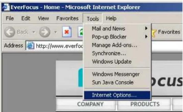 EverFocus - Home - Microsoft Internet Explorer File Edit View Favorites Tools Help Back Address http://www.everfoc Mail and News Pop-up Blocker Manage Add-ons... Synchronize... Windows Update Windows Messenger Sun Java Console Internet Options...