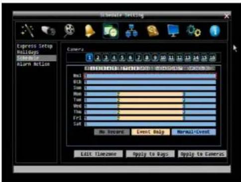 Newelf Setting Express Setup Holidays SUPPORT Alarm Motion Camera 1 2 3 4 5 6 7 8 9 10 11 12 13 14 15 16 NEWFIRE Mtl Mth Sum Mon Tue Wed Thu Fri Sat No Record Event Only Normal+Event Edit Timezone Apply to Days Apply to Cameras