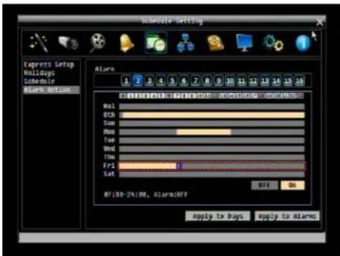 Schedule Setting Express Setup Holidays Schedule SBERG RESET Alarm 1 2 3 4 5 6 7 8 9 10 11 12 13 14 15 000000 PBO 000000 PBO 000000 PBO Mail 0th Sun Mon Tue Wed Thu Fri Sat OFF On RF:100-24:00, Alarm:OFF Apply to Rays Apply to alarms