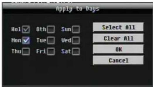 Apply to Days Hol ✓ Oth □ Sun □ Mon ✓ Tue □ Wed □ Thu □ Fri □ Sat □ Select All Clear All OK Cancel