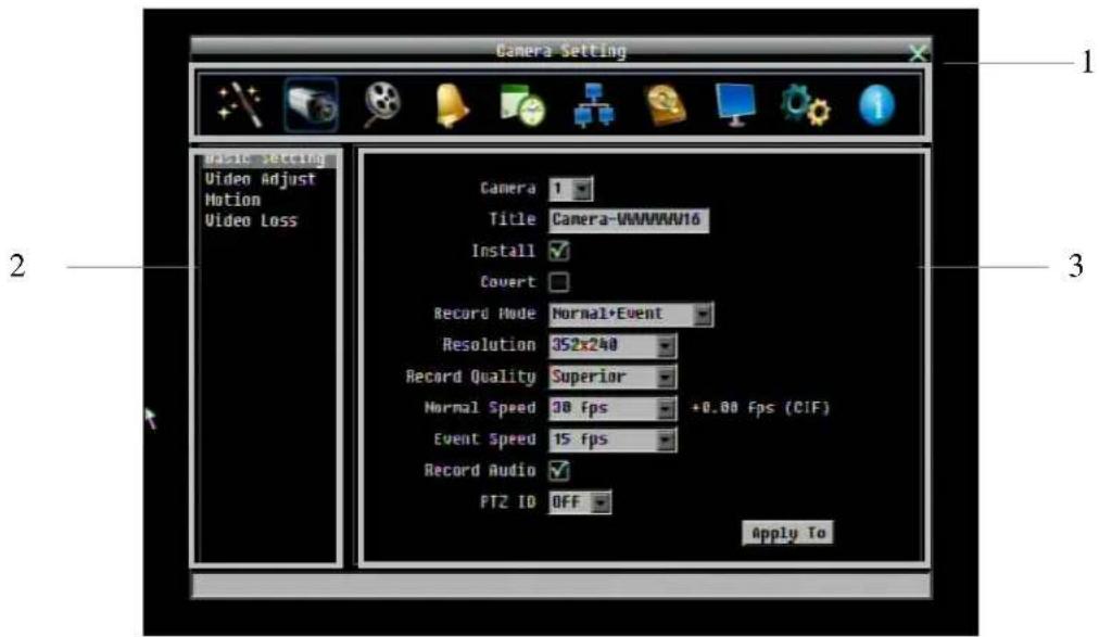 Camera Setting Basic Setting Video Adjust Motion Video Loss Camera 1 Title Camera-WMMWAV16 Install ✓ Covert □ Record Mode Normal+Event Resolution 352x240 Record Quality Superior Normal Speed 30 fps +0.00 fps (CIF) Event Speed 15 fps Record Audio ✓ PTZ ID OFF Apply To 1 2 3