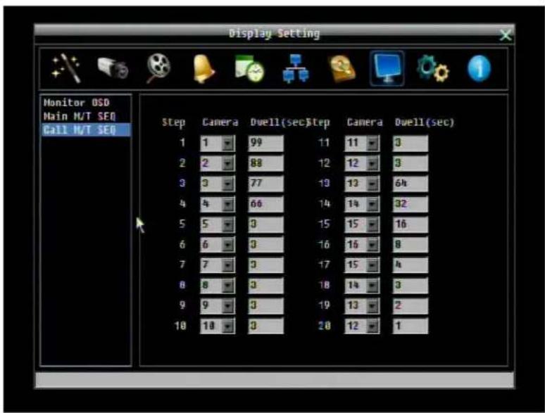 Monitor OSD Main M/T SEO Call M/T SEO Step Camera Dwell(sec)Step Camera Dwell(sec) 1 1 99 11 11 3 2 2 88 12 12 3 3 3 77 19 13 64 4 4 66 14 14 32 5 5 3 15 15 16 6 6 3 16 16 8 7 7 3 17 15 4 8 8 3 18 14 3 9 9 3 19 13 2 10 10 3 20 12 1