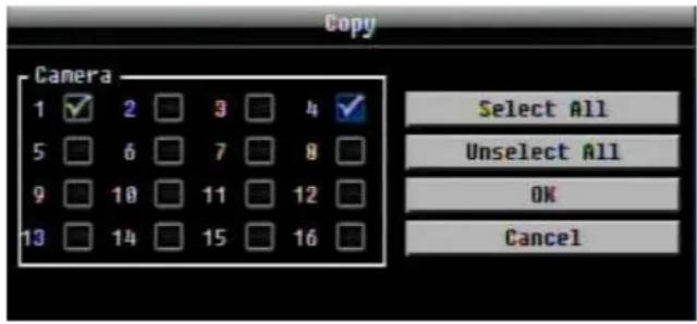 Copy Camera 1 ✓ 2 □ 3 □ 4 ✓ 5 □ 6 □ 7 □ 8 □ 9 □ 10 □ 11 □ 12 □ 13 □ 14 □ 15 □ 16 □ Select All Unselect All OK Cancel