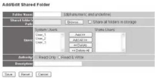 Add/Edit Shared Folder Folder Name: [alphannanic and underline] Shared folder's Path: Browse... Share all folders in storage User System Users User_1 User_2 User_3 Add>> Add All>> << Delete << Delete All Share Users Authoring: Read Only Read & Write Description: Save Reset Cancel