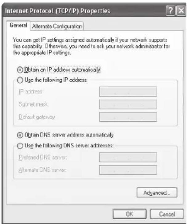 Internet Protocol (TCP/IP) Properties General Alternate Configuration You can get IP settings assigned automatically if your network supports this capability. Otherwise, you need to ask your network administrator for the appropriate IP settings. Obtain on IP address automatically Use the following IP address: IP address Supernet mask Default gateway Obtain DNS server address automatically Use the following DNS server addresses: Preferred DNS server: Alternate DNS server: Advanced... OK Cancel