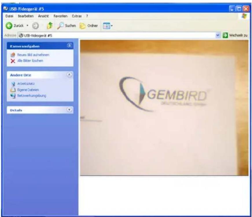 USB-Videogerät #5 Datei Bearbeiten Ansicht Favoriten Extras ? Zurück Suchen Ordner Adresse USB-Videogerät #5 Kameraaufgaben Neues bild aufnehmen Alle Bilder löshen Andere Orte Arbeitsplatz Eigene Dateien Netzwerkungsbung Details GEMBIRD DEUTSCHLANDS CHEN