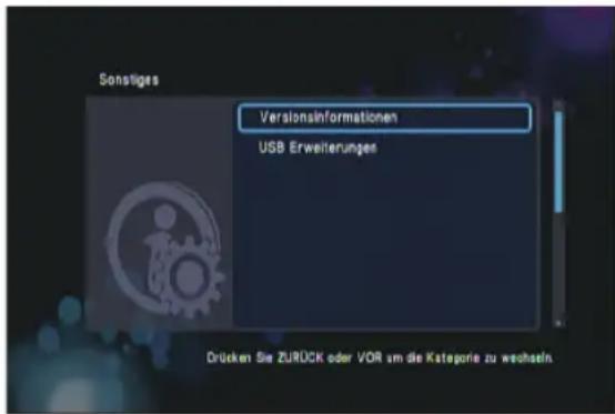 Sonstiges Versionsinformationen USB Erweiterungen Drücken Sie ZURÜCK oder VOR um die Kategorie zu wechseln.