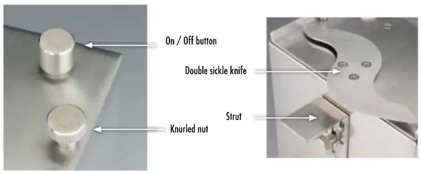 On / Off button Double sickle knife Knurled nut Strut