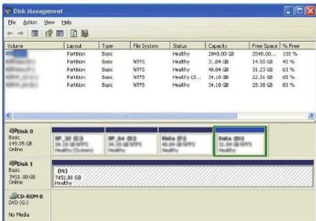 Disk Management File Action View Help Volume Layout Type File System Status Capacity Free Space % Free Partition Basic Healthy 2048.00 GB 2048.00... 100 % Partition Basic NTFS Healthy 31.04 GB 14.50 GB 45 % Partition Basic NTFS Healthy 48.84 GB 31.23 GB 63 % Partition Basic NTFS Healthy (S)... 34.10 GB 22.31 GB 65 % Partition Basic NTFS Healthy 34.18 GB 28.38 GB 83 % Disk 0 Basic 149.05 GB Online IP_32 (U) 34.10 GB NTFS Healthy (System) IP_54 (R) 34.10 GB NTFS Healthy Data (D) 31.04 GB NTFS Healthy Disk 1 Basic 7451.00 GB Online (IE) 7451.88 GB Healthy CD-ROM 0 DVD (G:) No Media