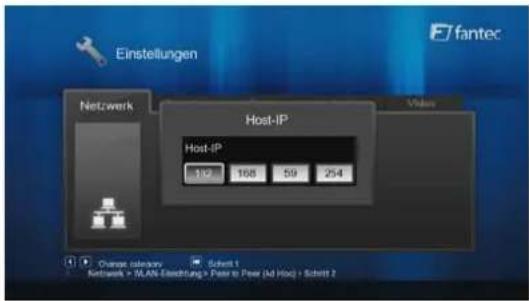Einstellungen Ffantec Netzwerk Host-IP Host-IP 162 168 59 254 Change category Select 1 Schnetwork > SLAN Eschreibung > Pater to Peer (M) Hoq > Schnitt 2