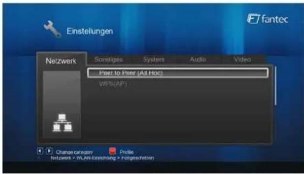 Einstellungen fantec Neizwerk Sonstiges Systems Audio Video Peer to Peer (Ad Hoc) WPS(AP) Change category Profile Network > WLAN-Einrichting > Fotgeschäften