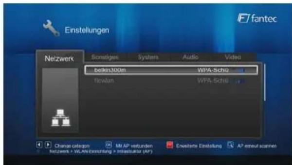 Einstellungen Neizwerk Sonstiges Systems Audio Video beikin300m WPA-Schü Nowlan WPA-Schü Change category MI AP verbunden Enweitere Einstellung AP email sumen Netzwerk: WLAN-Consulting > Infrastruktur (AP)
