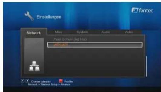 Einstellungen F7fantec Network Aloq System Audio Video Peak to Peak (Adj Hoc) WBSAPI Change sensitivity Profilan Network > Wireless Setup > Advance