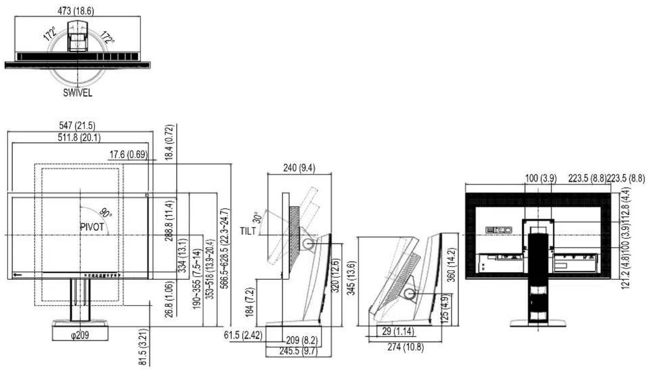 473 (18.6) 172° 172° SWIVEL 547 (21.5) 511.8 (20.1) 17.6 (0.69) 18.4 (0.72) PIVOT 288.8 (11.4) 334 (13.1) 190-355 (7.5-14) 353-518 (13.9-20.4) 566.5-628.5 (22.3-24.7) φ209 81.5 (3.21) 26.8 (1.06) 30° TILT 240 (9.4) 184 (7.2) 320 (12.6) 61.5 (2.42) 209 (8.2) 245.5 (9.7) 345 (13.6) 29 (1.14) 274 (10.8) 360 (14.2) 100 (3.9) 223.5 (8.8) 223.5 (8.8) 121.2 (4.8) 100 (3.9) 112.8 (4.4)