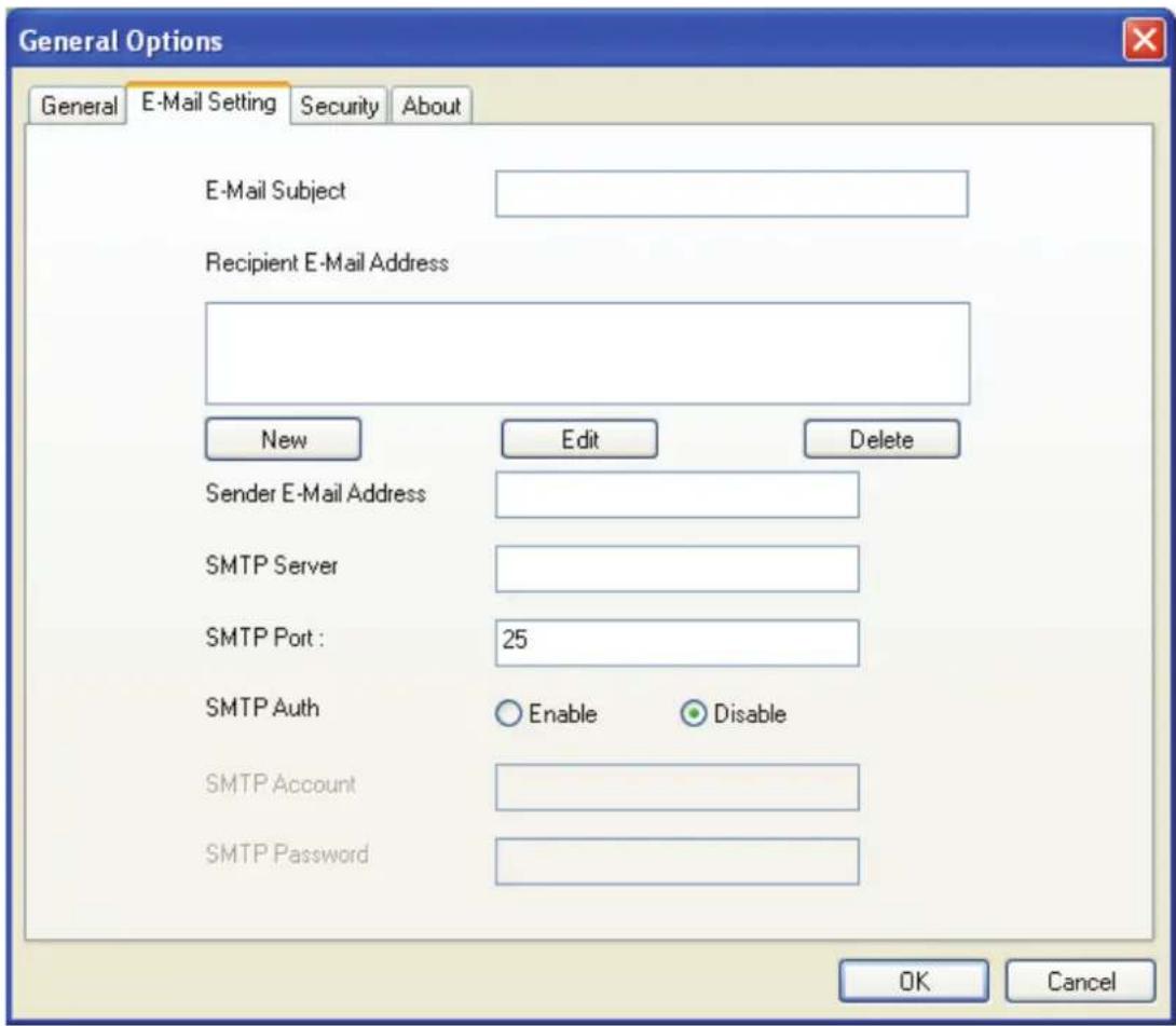 General Options General E-Mail Setting Security About E-Mail Subject Recipient E-Mail Address New Edit Delete Sender E-Mail Address SMTP Server SMTP Port : 25 SMTP Auth Enable Disable SMTP Account SMTP Password OK Cancel