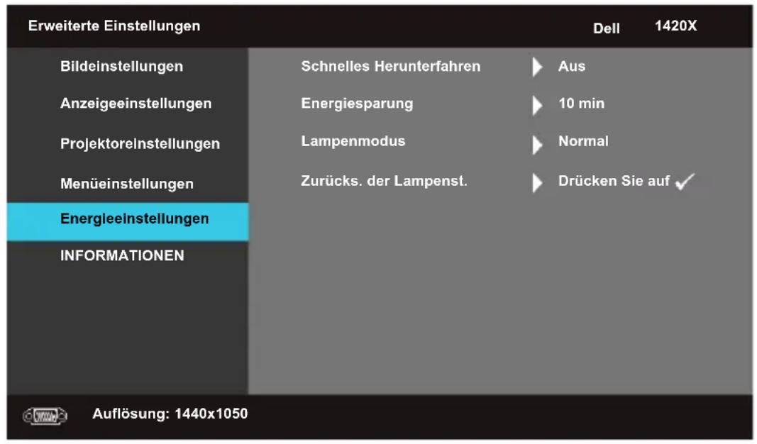 Erweiterte Einstellungen Bildeinstellungen Anzeigeeinstellungen Projektoreinstellungen Menüeinstellungen Energieeinstellungen INFORMATIONEN Schnelles Herunterfahren Energiesparung Lampenmodus Zurücks. der Lampenst. Aus 10 min Normal Drücken Sie auf ✓ Dell 1420X Auflösung: 1440x1050