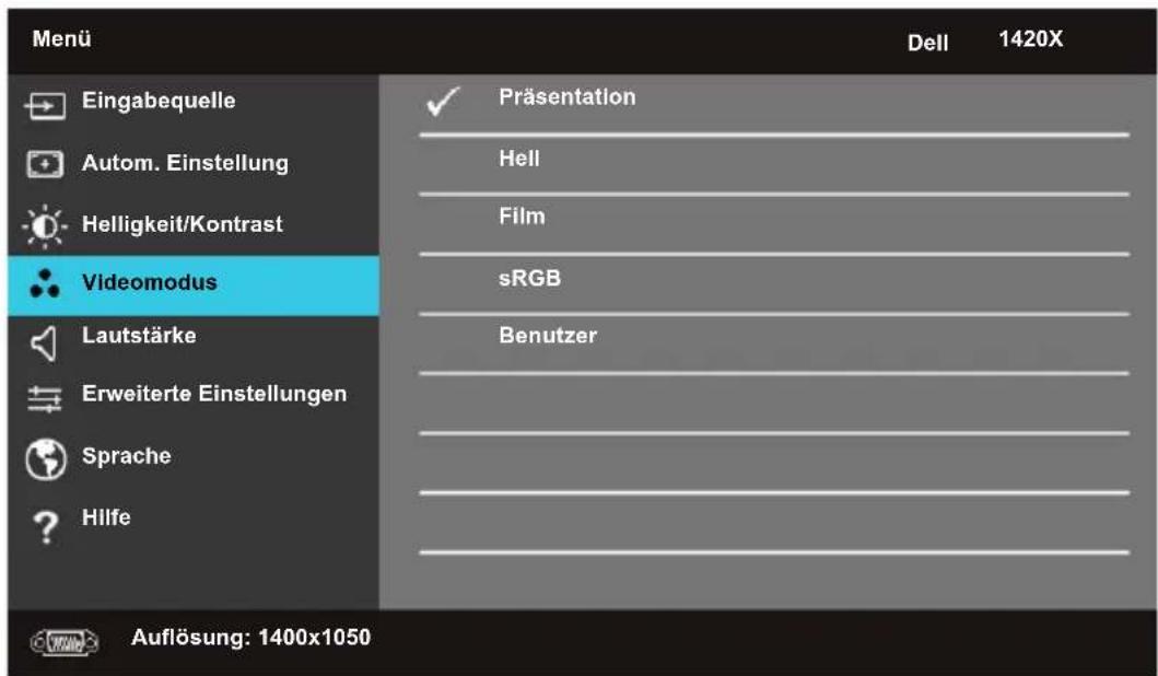 Menü Eingabequelle Autom. Einstellung Helligkeit/Kontrast Videomodus Lautstärke Erweiterte Einstellungen Sprache Hilfe Präsentation Hell Film sRGB Benutzer Auflösung: 1400x1050 Dell 1420X