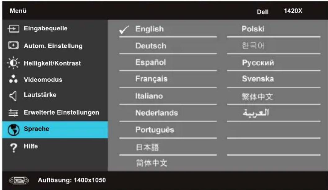 Menu Eingabequelle Autom. Einstellung Helligkeit/Kontrast Videomodus Lautstärke Erweiterte Einstellungen Sprache Hilfe English Deutsch Español Français Italiano Nederlands Português 日本語 简体中文 Polski 한국어 Русский Svenska 繁体中文 العربية Dell 1420X Auflösung: 1400x1050