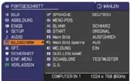 FORTGESCHRITT DILD ABBILDUNG EINGB SETUP AUDIO BILDSCHIRM OPT. SICHERHEIT EINF. MENU VERLASSEN GRRACHE MENU-POS BLANK START Mein Bild Mein Bild Sperre MELDUNG OLELLEN NAME SCHABLONE G.U. DEUTSCH SCHWARZ ORIGINAL AUSFÜHREN AUS EIN TESTMUSTER COMPUTER IN 1 1024 x 768 @60Hz