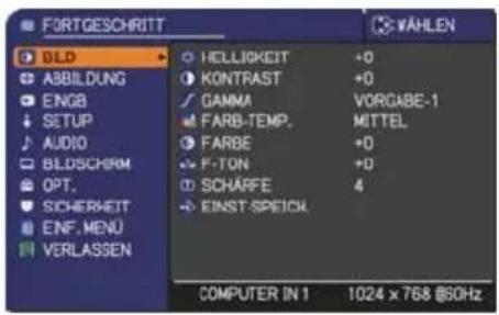 FORTGESCHRITT BLD ABBILDUNG ENGB SETUP AUDIO BILDSCHRM OPT. SICHERHEIT ENF. MENU VERLASSEN HELLIGKEIT KONTRAST GAMMA FARB-TEMP. FARBE F-TON SCHARFE EINST-SPEICL +0 +0 VORGABE-1 MITTEL +0 +0 4 COMPUTER IN 1 1024 x 768 @SOHz
