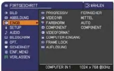 FORTGESCHRITT BILD ABBILDUNG ENGB SETUP AUDIO BLDSCHIRM OPT. SICHERHEIT ENF. MENU VERLASSEN PROGRESSIV VIDEO NR FARBNORM COMPONENT VIDEO FORMAT COMPUTER-ENGANG FRAME LOCK AUFLOSUNG FERNISCHER MITTEL AUTO COMPONENT COMPUTER IN 1 1024 x 768 @50Hz
