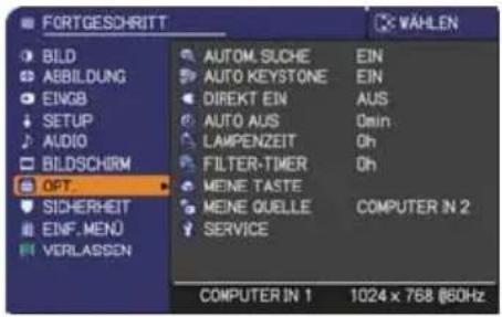 FORTGESCHRITT BILD ABBILDUNG EINGB SETUP AUDIO BILDSCHIRM OPT SICHERHEIT ENF. MENU VERLASSON AUTOM.SUCHE AUTO KEYSTONE DIREKT EIN AUTO AUS LAMPENZEIT FILTER-TIMER MEINE TASTE MEINE QUELLE SERVICE AUTOM.SUCHE AUTO KEYSTONE DIREKT EIN AUTO AUS LAMPENZEIT FILTER-TIMER MEINE TASTE MEINE QUELLE SERVICE EIN AUS Omin Oh COMPUTER IN 2 1024 x 768 @60Hz