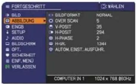 FORTGESCHRITT BILD ABBILDUNG EINGB SETUP AUDIO BILDSCHISM OPT. SICHERHEIT EINF. MENU VERLASSEN BILDFORMAT NORMAL OVER SCAN 5 V-POSIT 35 H-POSIT 294 H-PHASE 2 H-GR. 1344 AUTOM. EINST. AUSFUHR. COMPUTER IN 1 1024 x 768 @60Hz
