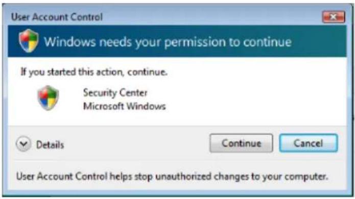 User Account Control Windows needs your permission to continue If you started this action, continue. Security Center Microsoft Windows Details Continue Cancel User Account Control helps stop unauthorized changes to your computer.
