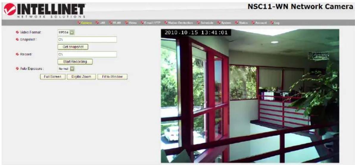 INTELLINET® NETWORK SOLUTIONS NSC11-WN Network Camera Camera LAN VLAN Video Email/FTP Modern Declaration Schedule System Status Account Log Video Format: MPEG4 Snapshot: CV Get snapshot Record: CV Start Recording Auto Exposure: Normal Full Screen Digital Zoom Fit to Window 2010.10.15 13:41:01