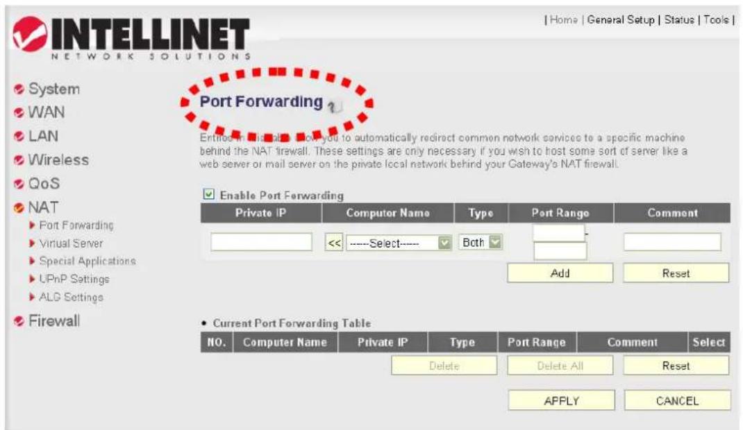 INTELLINET NETWORK SOLUTIONS System WAN LAN Wireless QoS NAT Port Forwarding Virtual Server Special Applications UPnP Settings ALG Settings Firewall Port Forwarding Entities in this case show you to automatically redirect common network services to a specific machine behind the NAT firewall. These settings are only necessary if you wish to host some sort of server like a web server or mail server on the private local network behind your Gateway's NAT firewall. Enable Port Forwarding Private IP Computer Name Type Port Range Comment <<----Select--------Both Add Reset Current Port Forwarding Table NO. Computer Name Private IP Way Port Range Comment Select Delete Delete All Reset APPLY CANCEL