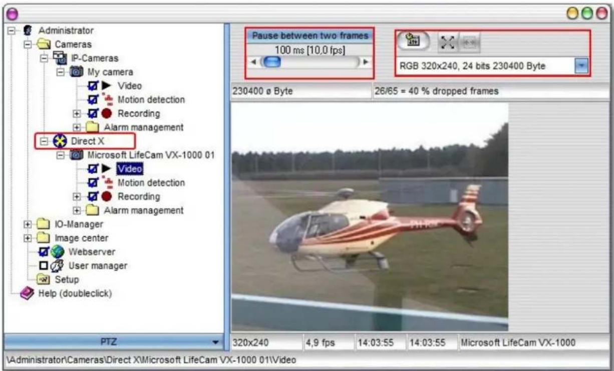 Administrator Cameras IP-Cameras My camera Video Motion detection Recording Alarm management Direct X Microsoft LifeCam VX-1000 01 Video Motion detection Recording Alarm management IO-Manager Image center Webserver User manager Setup Help (doubleclick) Pause between two frames 100 ms [10.0 fps] RGB 320x240, 24 bits 230400 Byte 230400 Φ Byte 26/65 = 40 % dropped frames PTZ 320x240 4.9 fps 14:03:55 14:03:55 Microsoft LifeCam VX-1000 \Administrator\Cameras\Direct X\Microsoft LifeCam VX-1000 01\Video