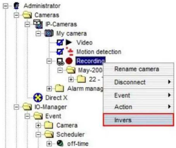 Administrator Cameras IP-Cameras My camera Video Motion detection Recording May-200 22 - Alarm manag Direct X IO-Manager Event Camera Scheduler off-time Rename camera Disconnect Event Action Invers