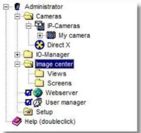 Administrator Cameras IP-Cameras My camera Direct X IO-Manager Image center Views Screens Webserver User manager Setup Help (doubleclick)